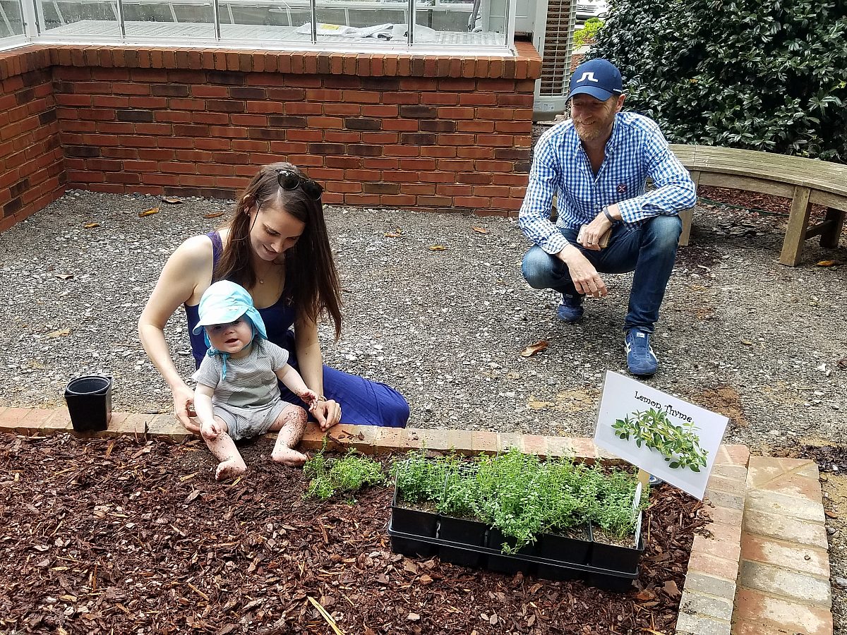 A family playing in the Learning Gardens at the Dixon