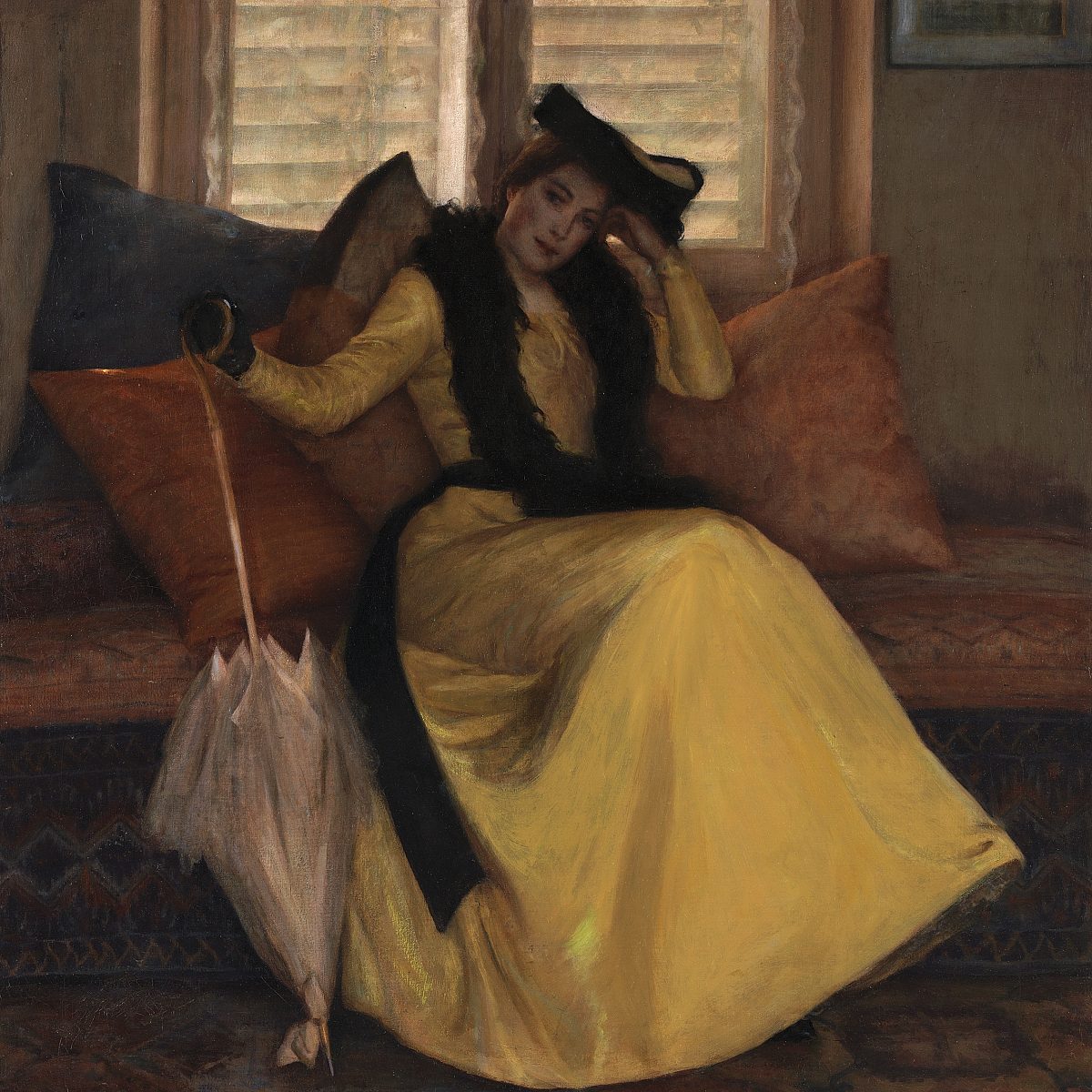 painting of woman in yellow dress holding umbrella