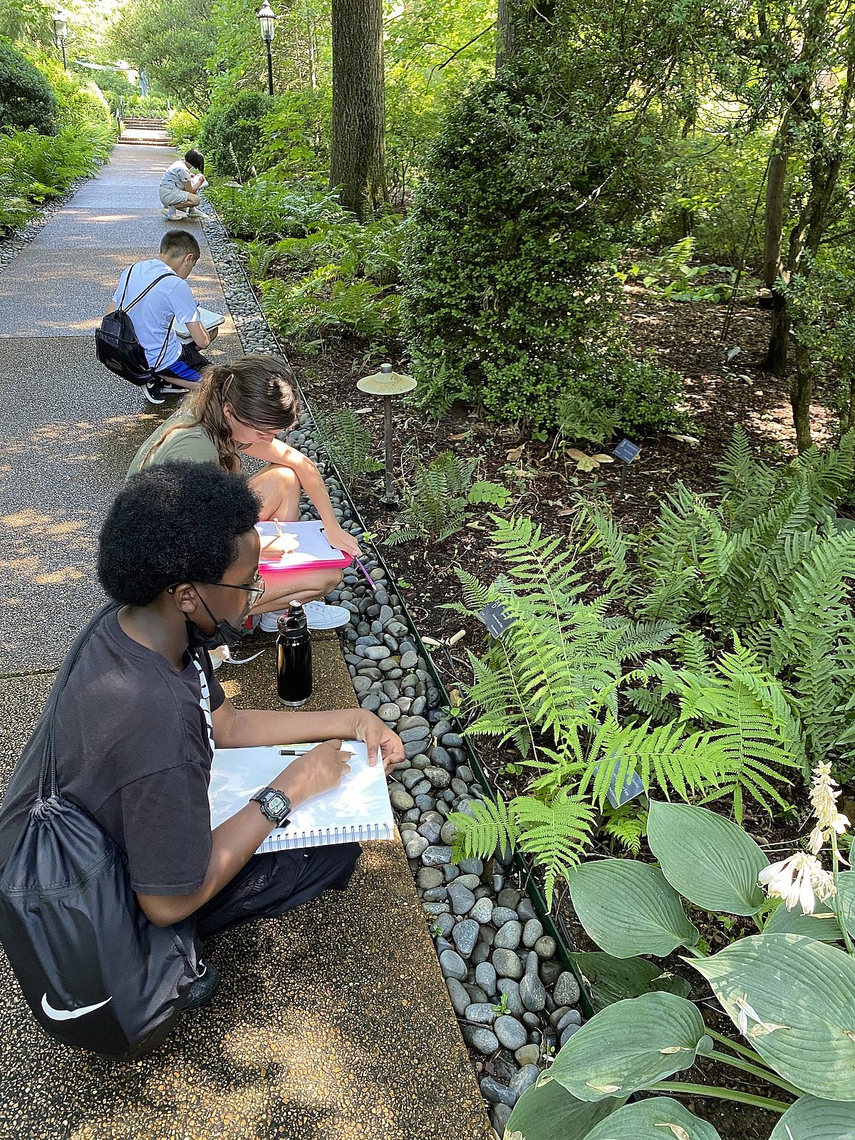 children sketching in the garden