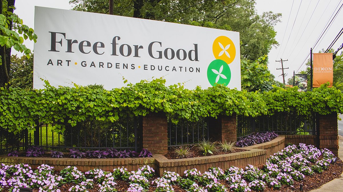 Dixon front entrance with the "free for good" banner hanging with two Dixon Stickers