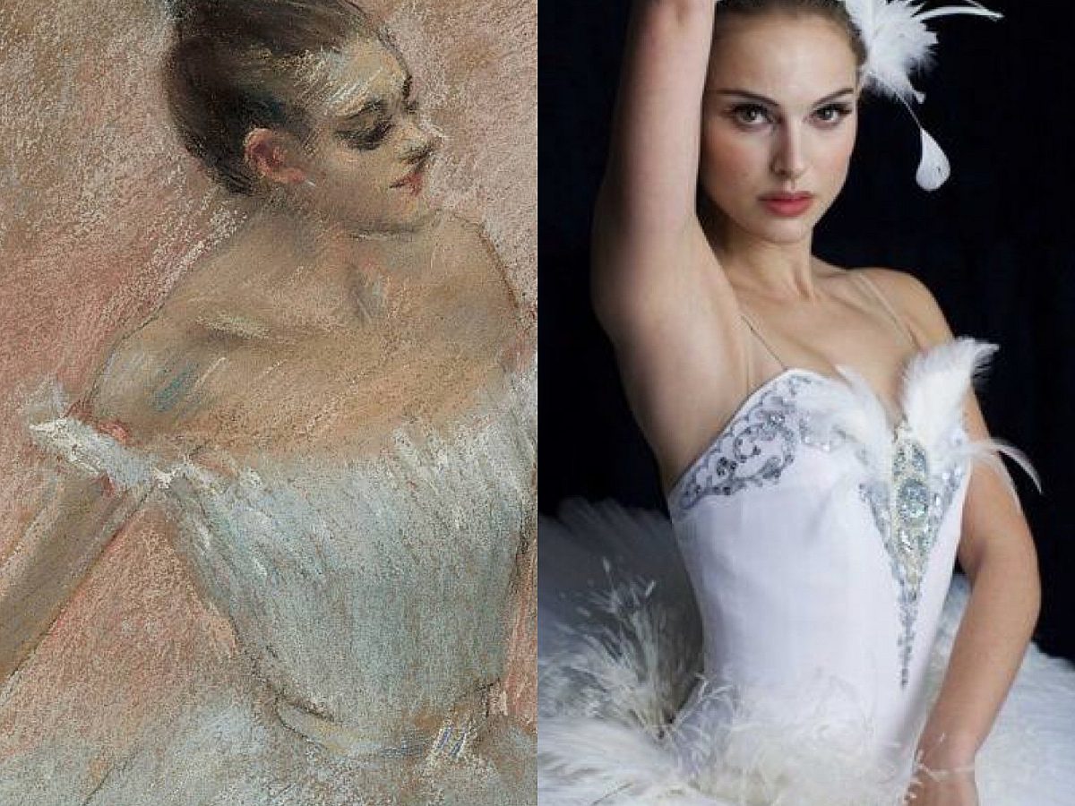 vertically split, on left an oil painting of dancer in white dress, on right a promo photo of natalie portman in white ballerina costume with one arm raised