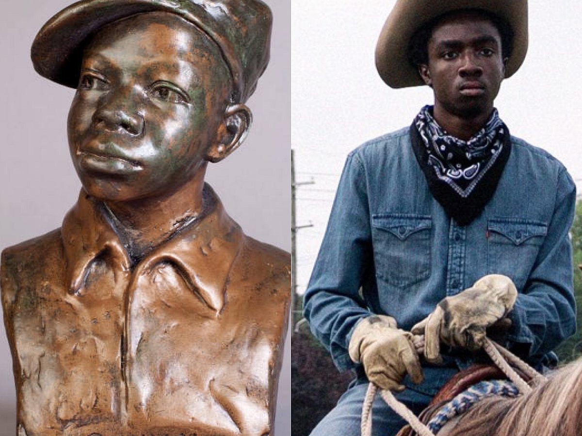 vertically split, on left a plaster statue of a young Black boy in a newsie cap painted bronze, on right a young Black boy in a cowboy hat atop a horse