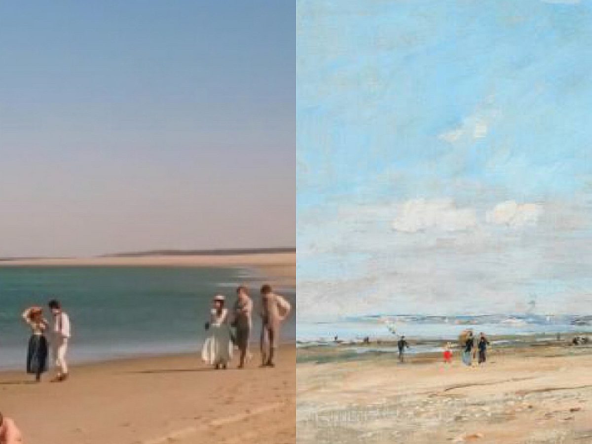 vertically split, on left movie scene of people walking on beach, on right an oil painting of people walking along beach