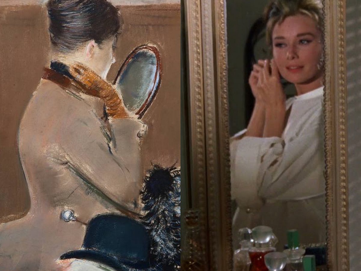vertically split, on left an oil painting of a brunette woman dressed to go out, on right Audrey Hepburn putting on earrings in a mirror