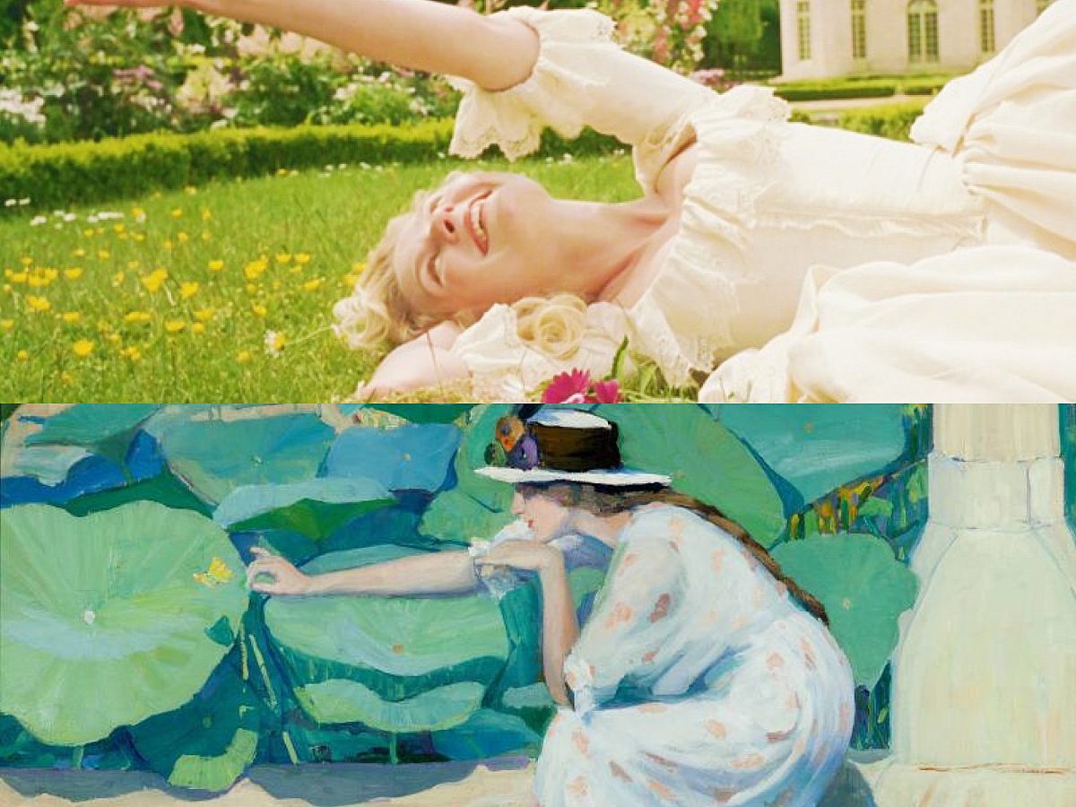 horizontally split screen photo, on top a young blonde woman lays in the grass, on the bottom an oil painting of a well-dressed woman reaching out to a butterfly