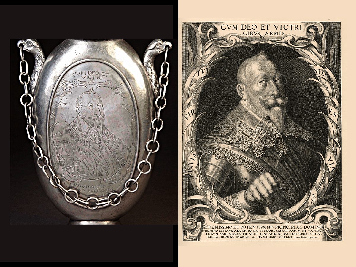 Left: Unknown maker, Gustavus Adolphus Commemorative Vessel (recto), ca. 17th/ 18th century. Pewter. Dixon Gallery and Gardens; Gift of Dr. and Mrs. Justin H. Adler, 1991.DA.10.80a,b Right: Lucas Killian, Gustavus II Adolphus, ca. 1632; Engraving; Wikimedia Commons