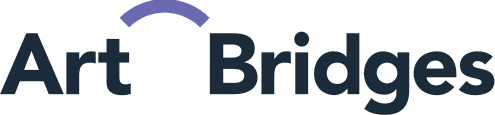 Art Bridges written in black with purple arch connecting the two words, transparent background